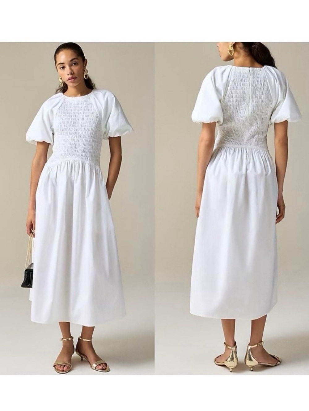 JCrew Meadow Dress M White Smocked Puff-Sleeve Midi Dress